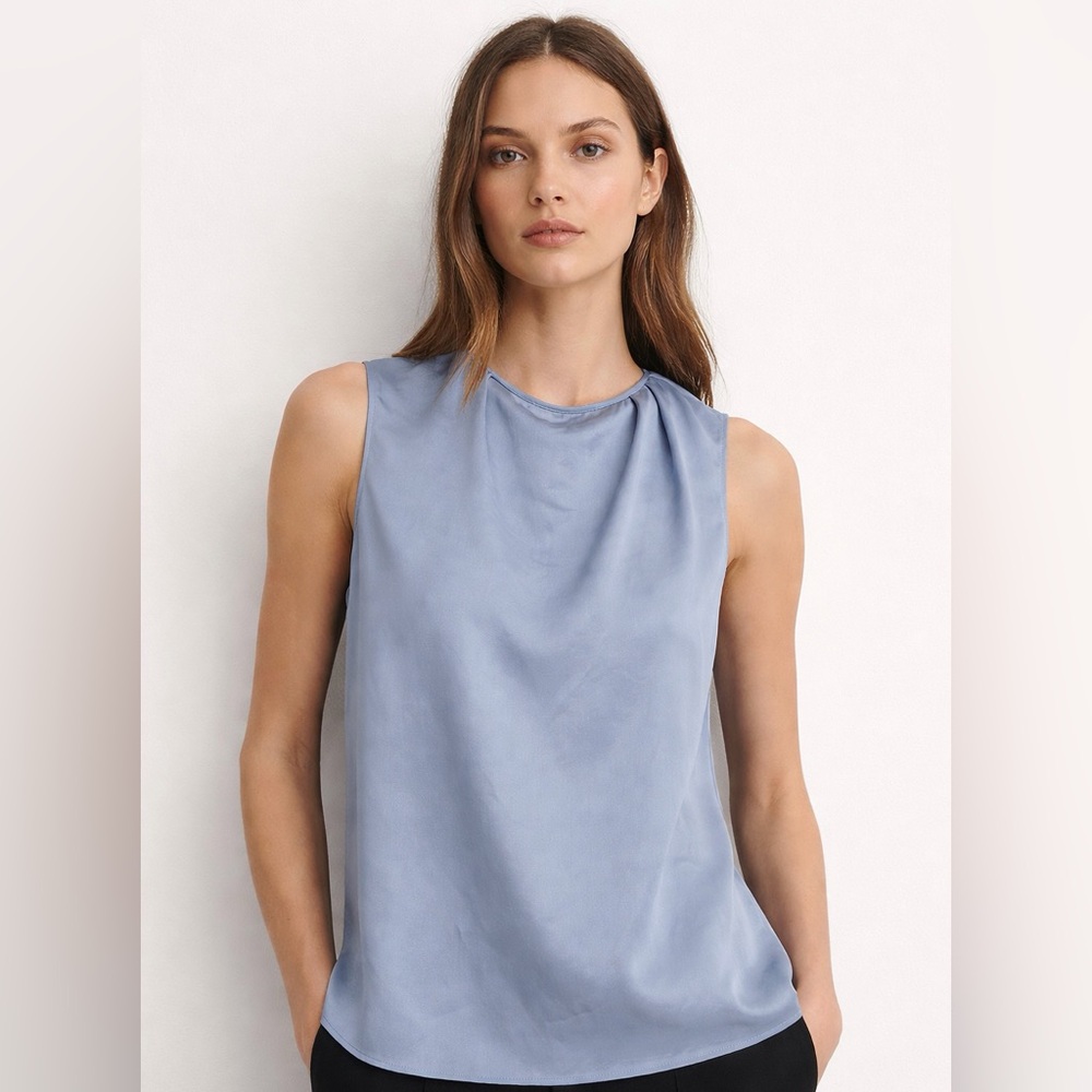 Theory Silk Sleeveless Blouse Blue Draped Minimalist Top